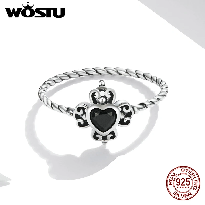 WOSTU Geometric Rings of Finger Spades 925 Women Silver Ring Elegant FIR746 Jewelry Heart Sterling Zircon Silver Shining