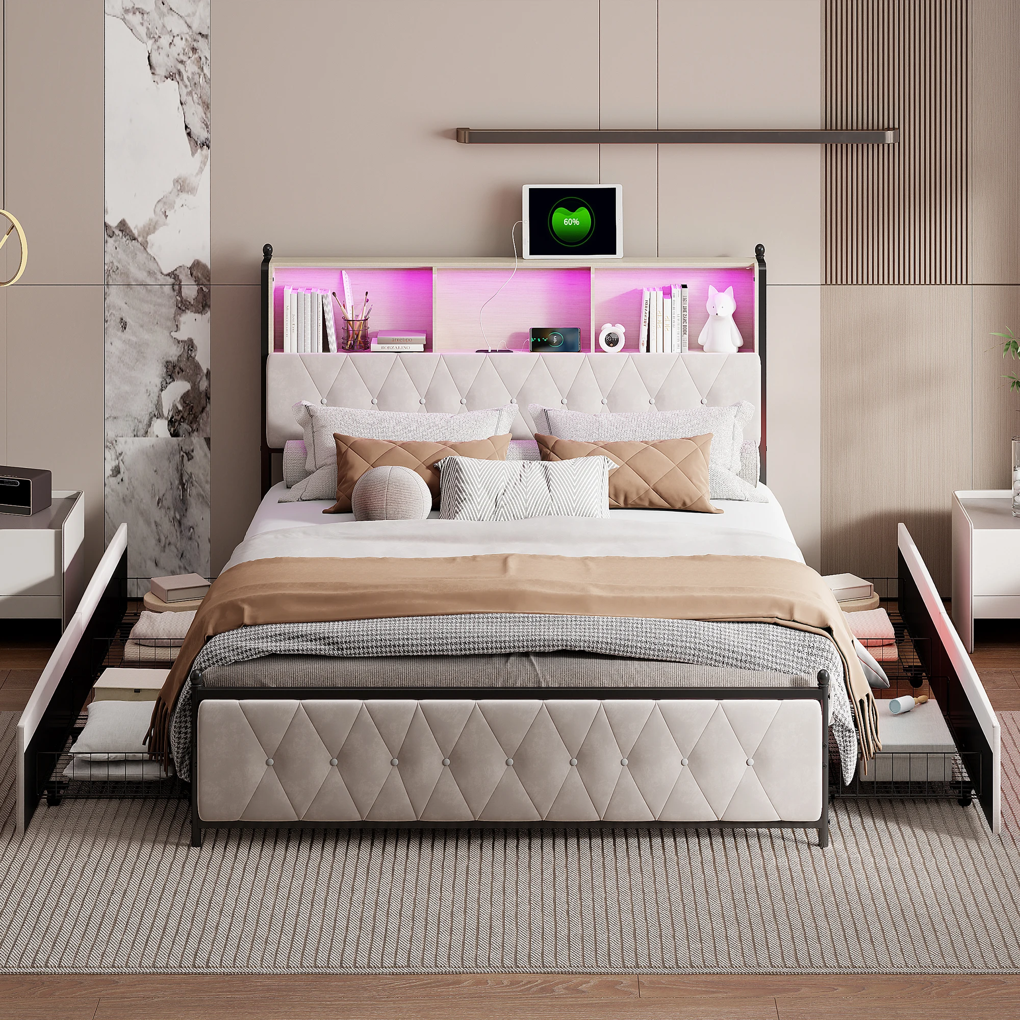 Rosahqnda Gepolsterter Bettrahmen, Full/Queen/King, Doppelbett mit vier Schubladen, Kopfteil mit Ablagefach, ohne Matratze – Detail 4
