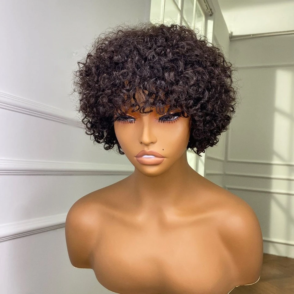 Short Curly Human Hair Wig Full Machine Made Glueless Wig Human Hair Ready To Wear Without Glue Or Gel Kinky Curly Pixie Cut Wig