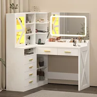 L-Shaped Corner Vanity Desk with LED Lighted Mirror & Charging Station, White Makeup Vanity with 6 Drawers & Sliding RGB Cabinet 6