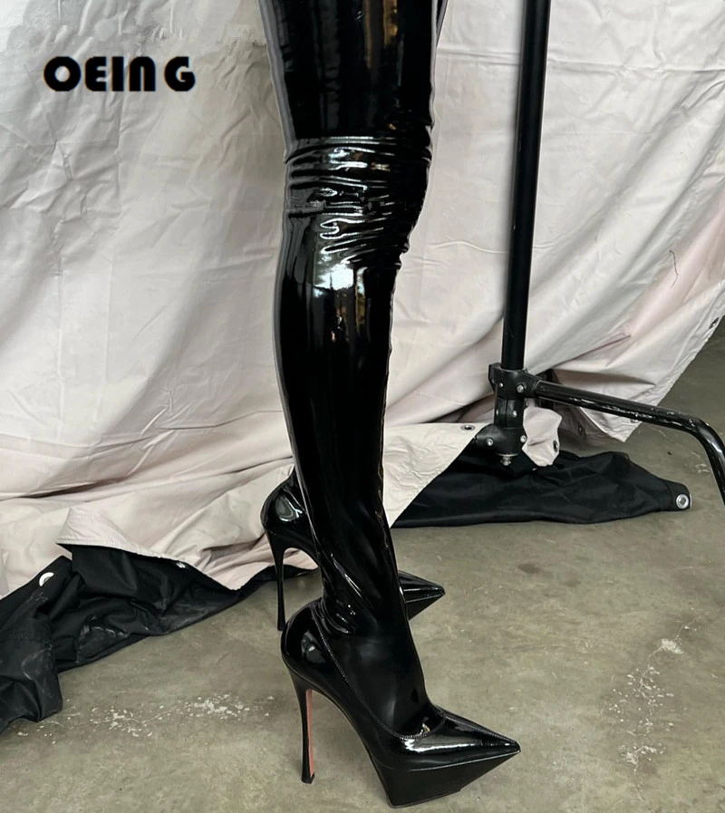 

Autumn Women Patent Leather Thigh High Boots Sexy Pointed Toe Stilettos Platform Long Boots Ladies Sexy Party Club Dress Shoes