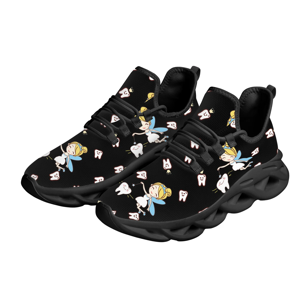 

Funny Cartoon Dental Fairy Design Flat Shoes Lightweight Breathable Sneakers Tooth Print Lace-Up Shoes Zapatos Mujer