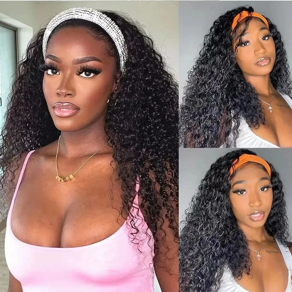 Deep Curly Headband Wig Human Hair Pull Go Half Wigs Human Hair 250 Density Curly Headband Glueless Wigs Remy Human Hair Wigs