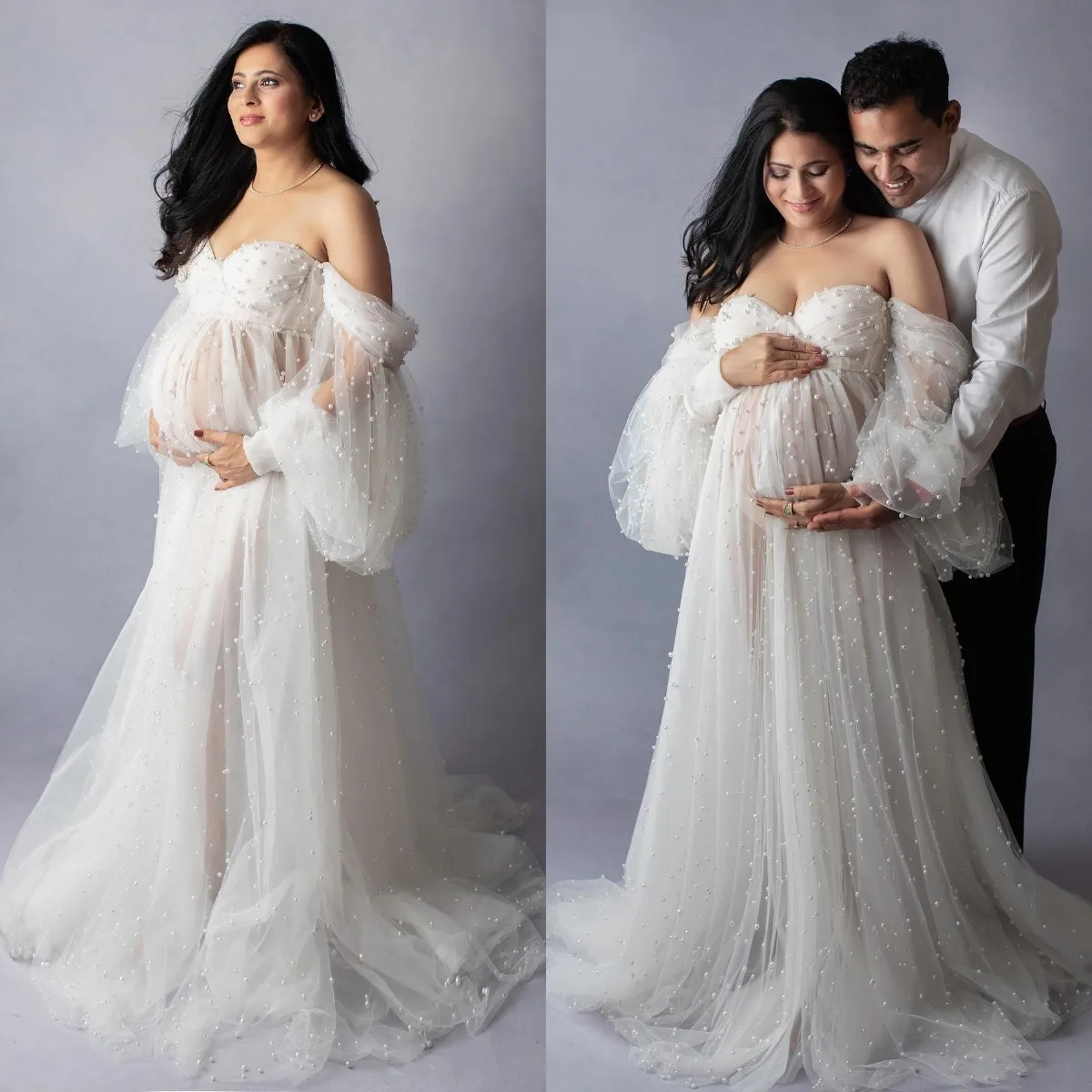 Ivory Pearls Long Maternity Dresses for Photo Shoot Photography Off The Shoulder Tulle Pregnancy Women Babyshower