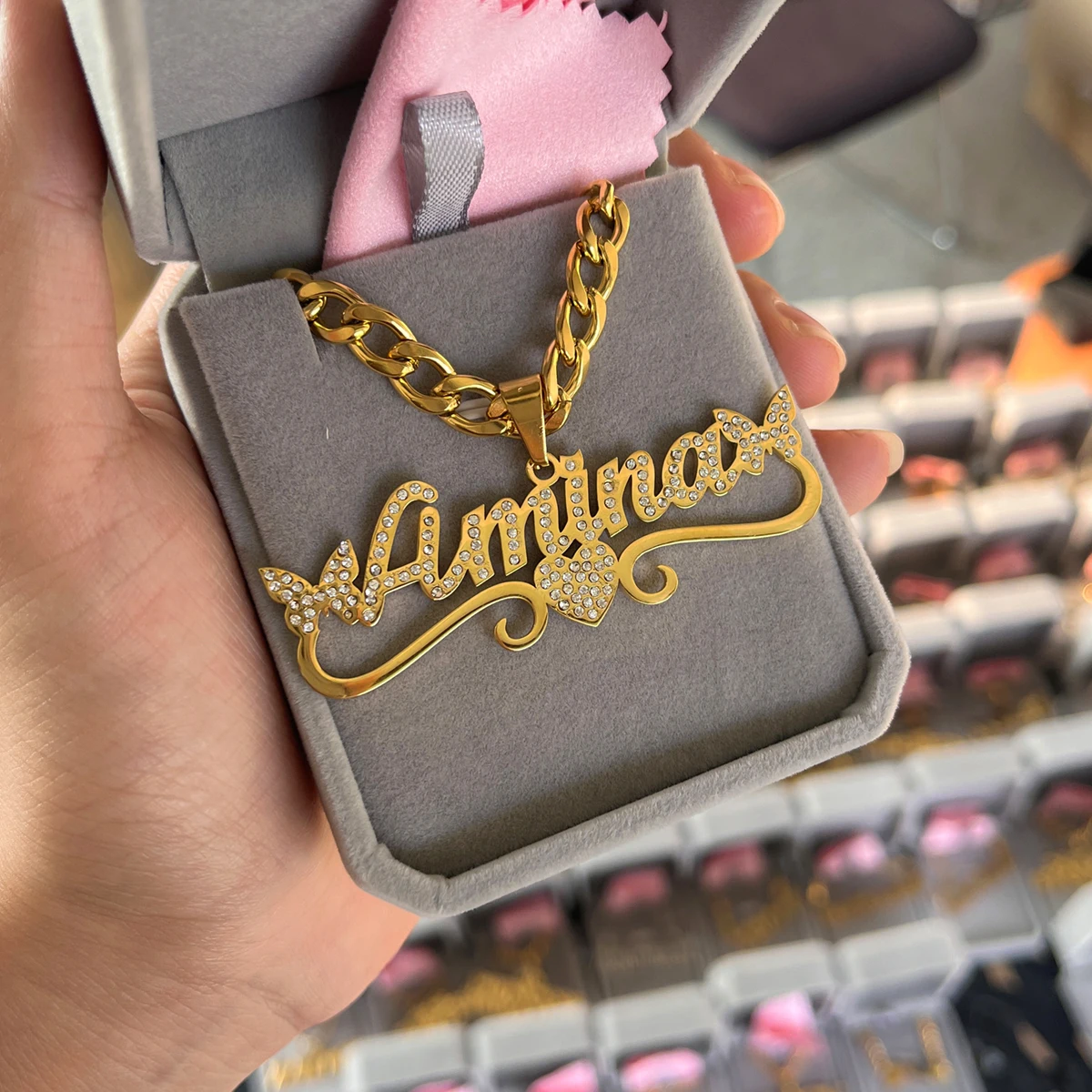 Custom Diamond Name Necklace Personalized Heart Butterfly 5mm Cuban Chain Pendant Stainless Steel Diamond Necklaces For Women