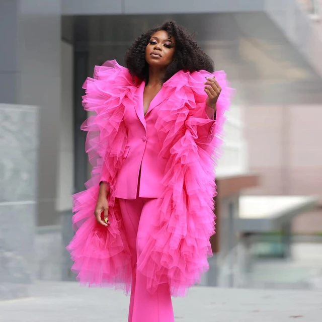 Hot Pink Mother Of The Bride Pant Suits Ruffles Long Sleeve Two Pieces  Wedding Guest Dress Plus Size Formal Evening Gowns