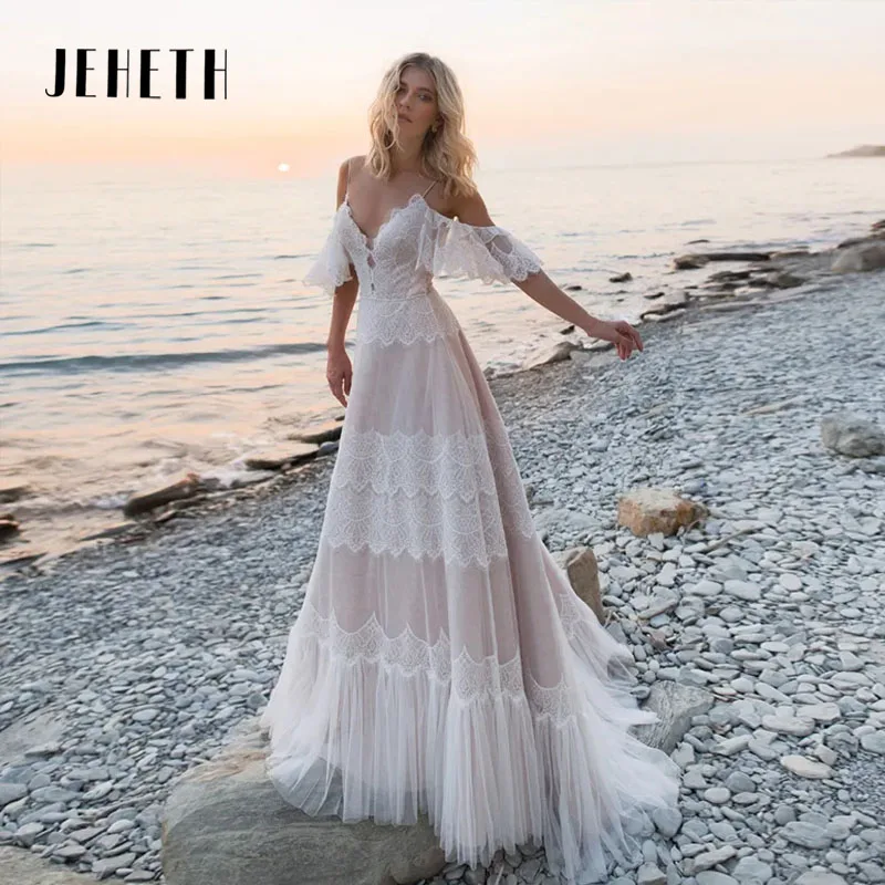 

JEHETH Bohemian Spaghetti Straps Wedding Dresses Lace Off the Shoulder Beach Bridal Gown Sexy Backless Vestidos De Novia