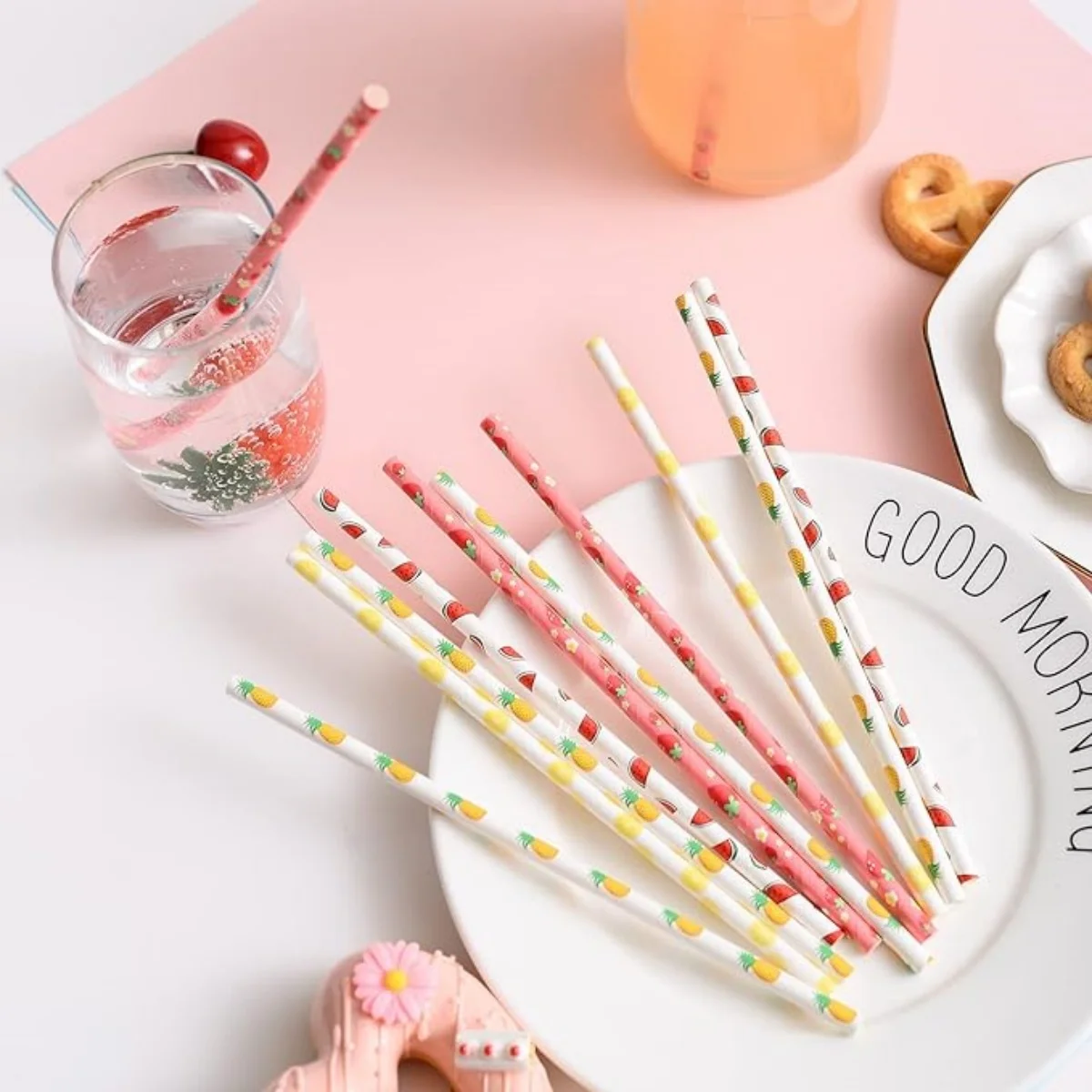 100pcs Paper Straws Fruit Pattern Drinking Straws Strawberry Pineapple Orange Paper 7.75 Inches Hawaiian Party Drinking disposable paper straws