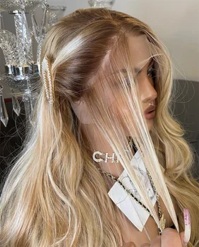 Parrucca anteriore in pizzo misto sintetico biondo dorato Capelli ondulati 13x4 Biondi Ombré Capelli radiosi Linea sottile realistica naturale Densità del 150%