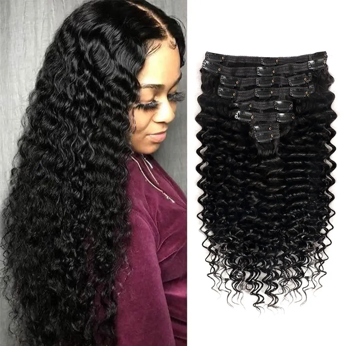 Deep Wave Clip in Hair Extensions Real Human Hair Brazilian Virgin Human Clip in Extensions for Women 8Pcs Remy human hair extensions