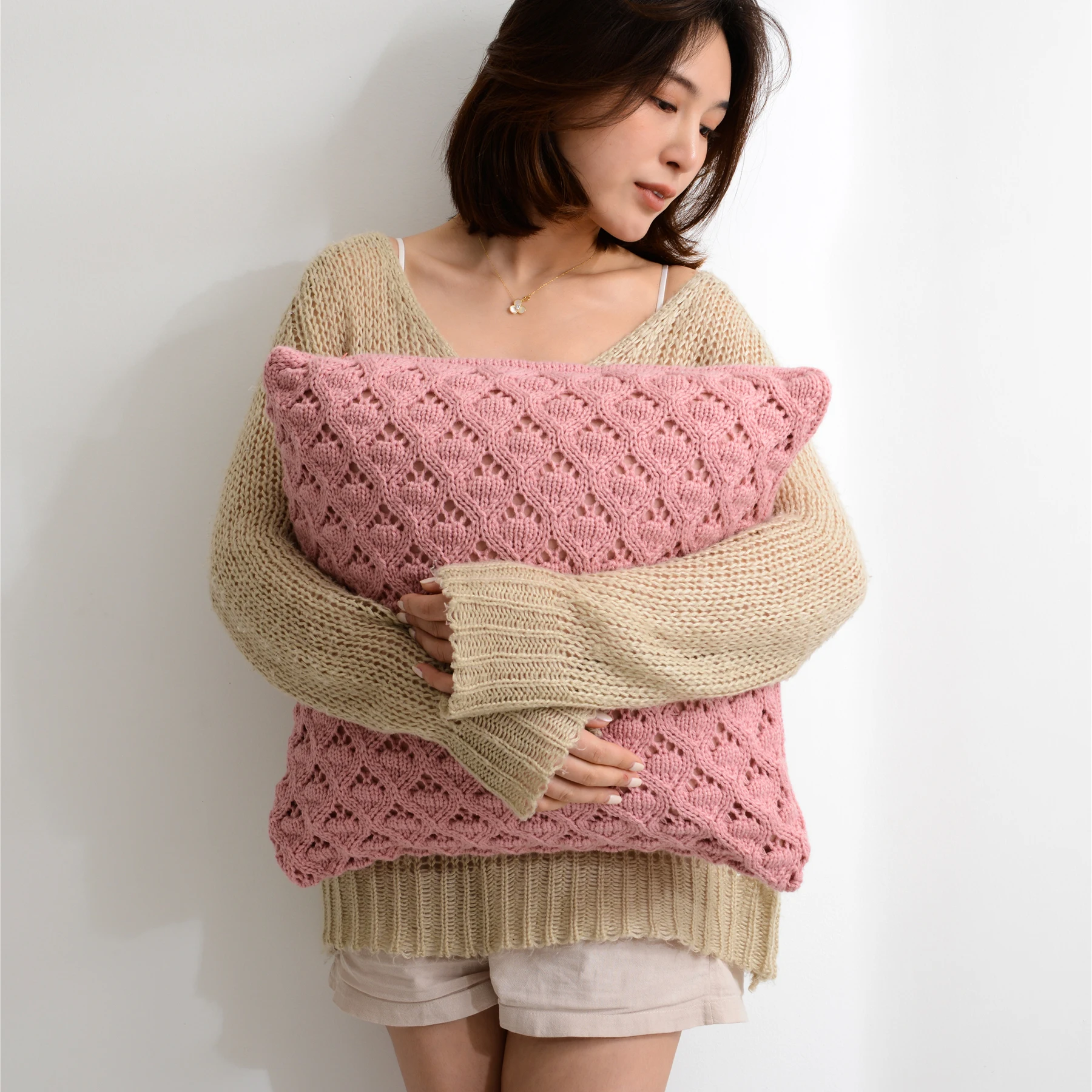 Housse De Coussin Carré Au Crochet – Motif Chevrons, Fait Main, Coton Rose 40x40cm