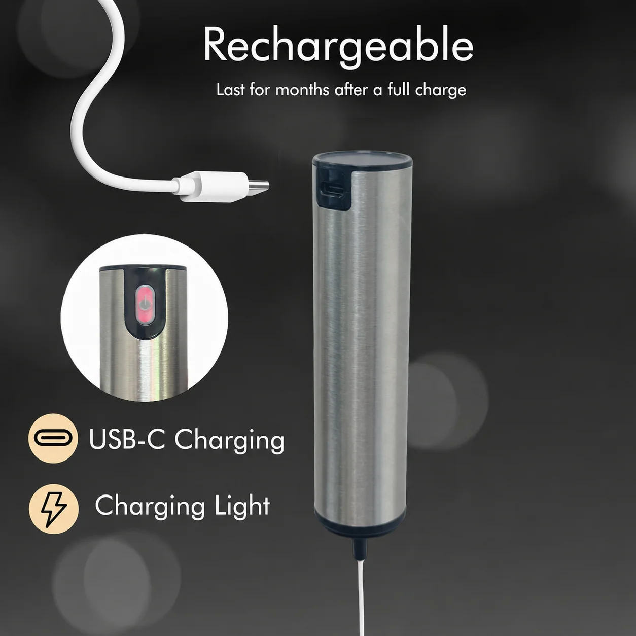 Stainless Steel USB Rechargeable Handheld Milk Frother with Storage Lid