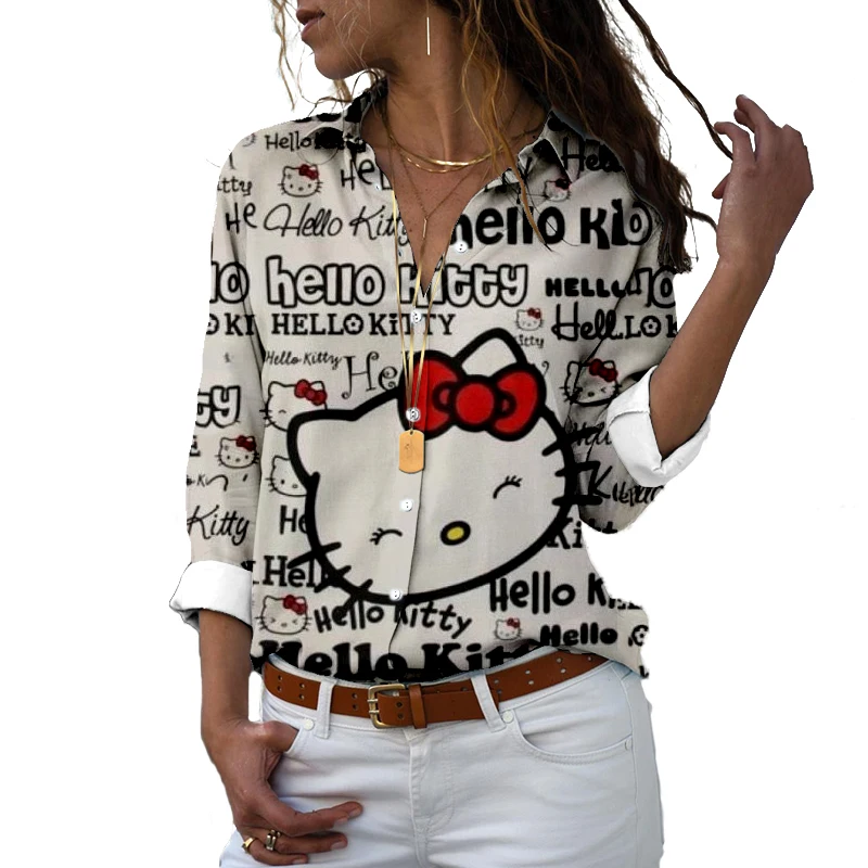 

Sanrio Hello Kitty 3D Printing Spring Long Sleeve Button Comfort Shirt Top Home Casual Women Fashion