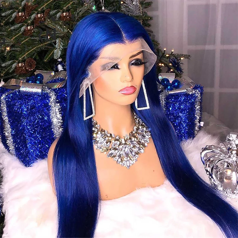 Blue Colored 13x6 Transparent Lace Frontal Wigs Human Hair Wig For