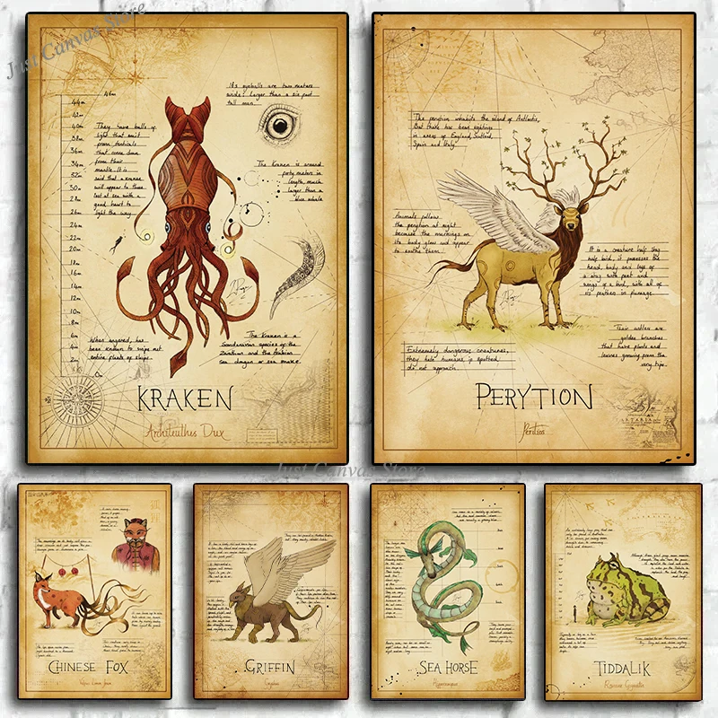 Retro Mitical Monster Kraken Griffe Zaratan Illustration Poster Print Canvas Painting Vintage Wall Art For Room Home Decor