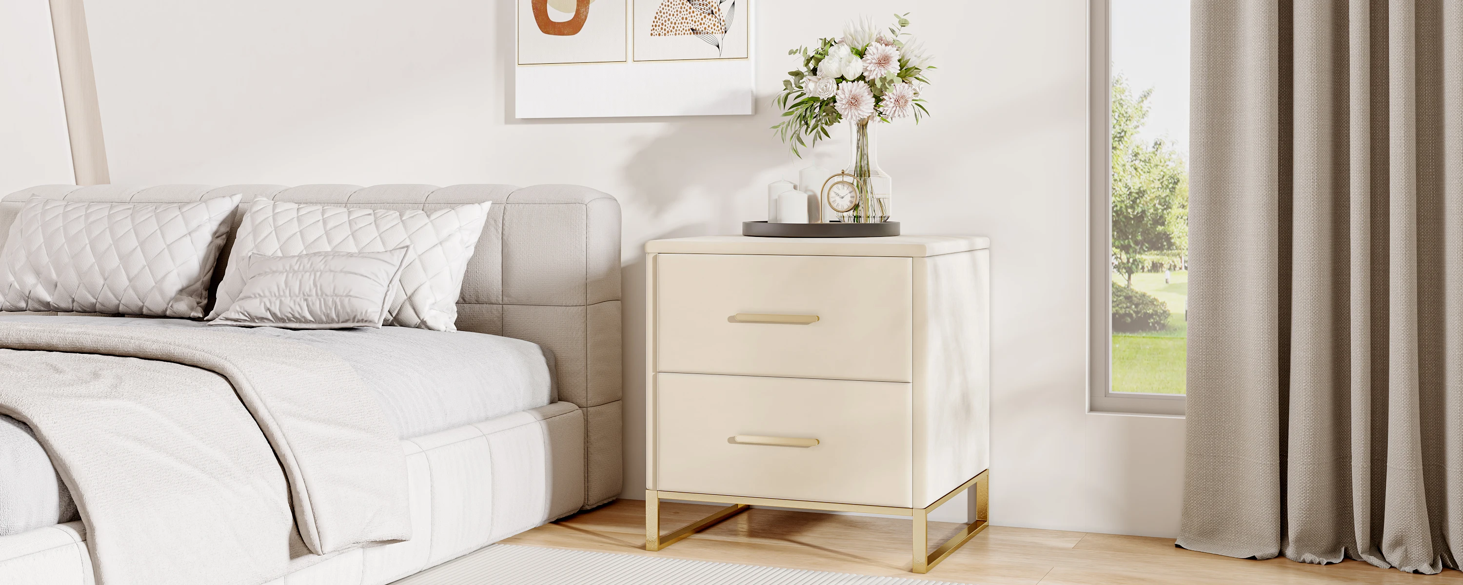 Rosahqnd Nachttisch mit 2 Schubladen, 2er-Set Sofatisch mit Metallfüßen, für Wohnzimmer, Schlafzimmer, Weiß – Detail 4