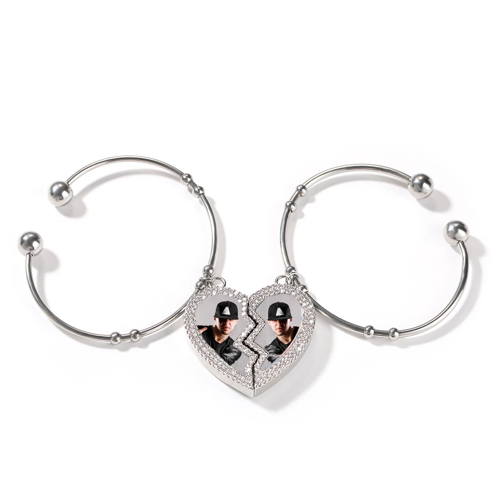 THE BLING KING Stainless Steel Cuff Bangle DIY Broken Heart Magnetic Photo Pendant Two Pictures Iced Out CZ Family Lover's Gift