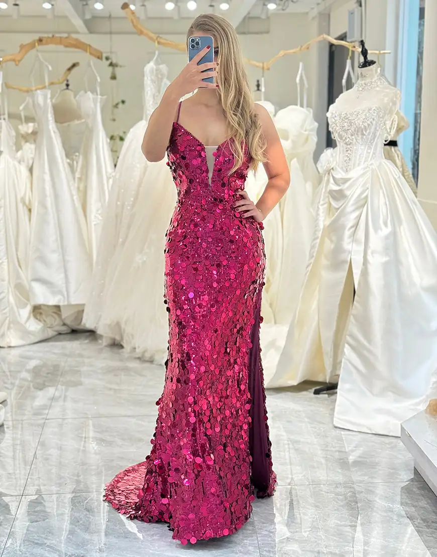 

Sparkly Fitted Sequin V-neck Prom Dress with Slit Fuchsia Mermaid Corset Long Wedding Dress Mermaid Formal Evening Gowns