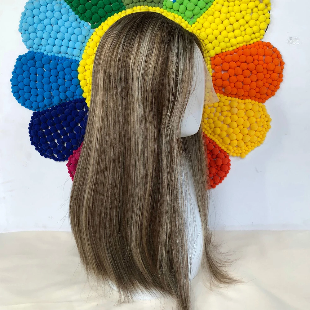 Luxury20HDLaceTopJewishWigBlondeHighlightedAshBrownLaceWig