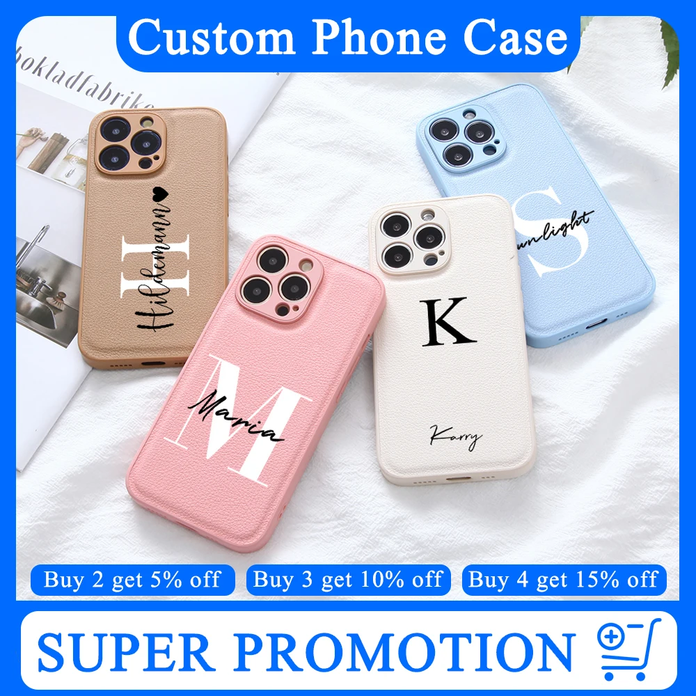 Custom Personalised Initial Name Heart Leather Case for iPhone 14 13 11