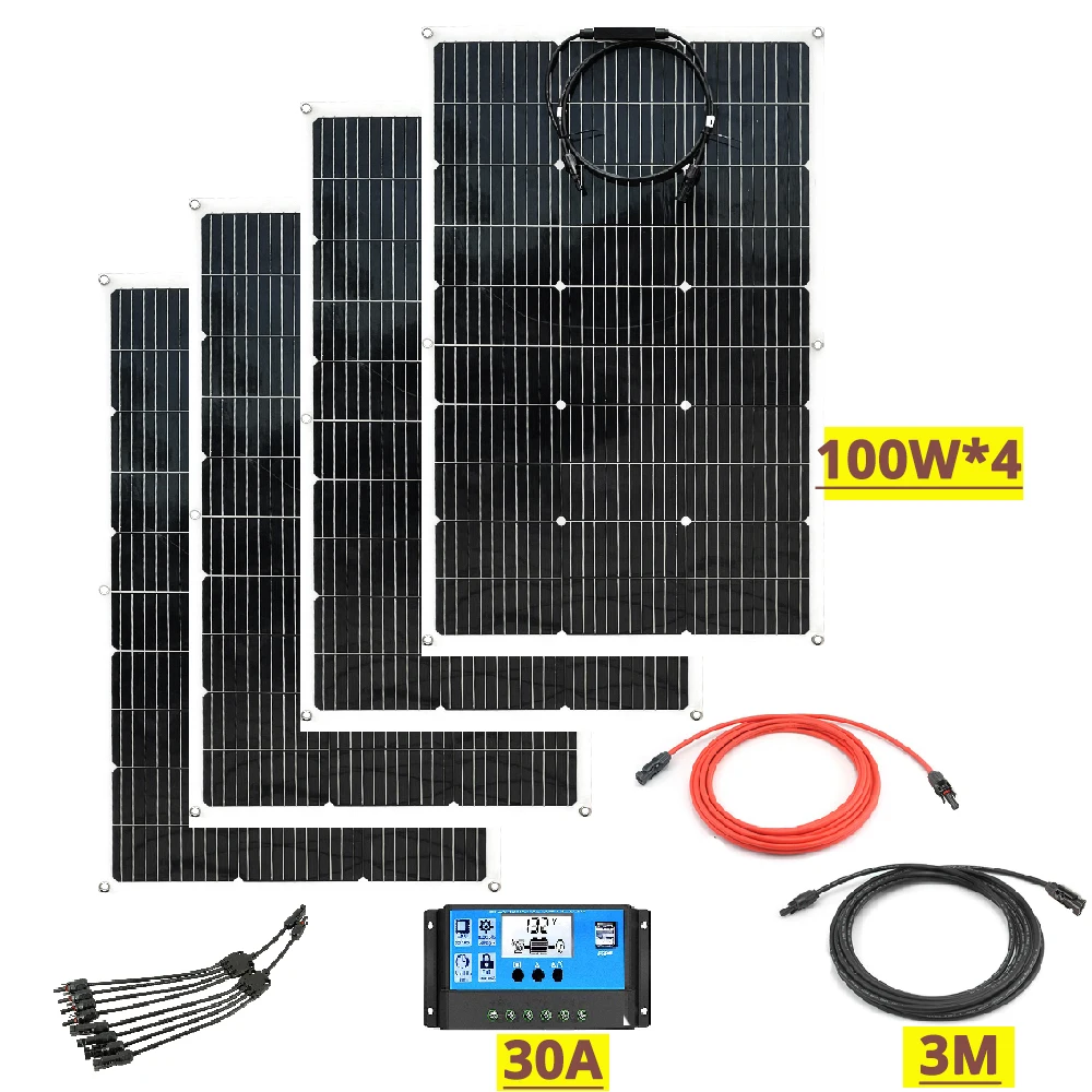 GGJ Waterproof 400W 200W 100W 18V Panel Solar Flexible Optional Kits Set 30A Solar Controller 3M PV Cable for Home Charge 12V