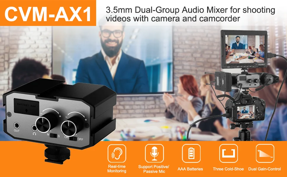 CVM-AX1 DSLR Audio Adapter Microphone Audio Mixer Adapter with Real-time Monitor
