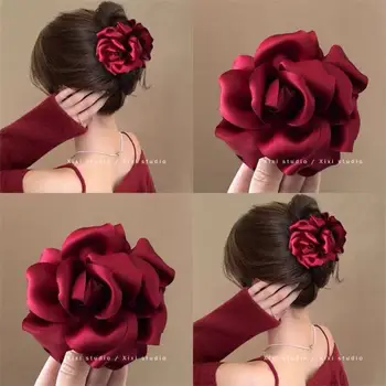 French Luxury Red Rose Shark Clip 3D Flower Hair Claw with Anti-Slip Design Hair Claw for Thick/Thin Hair 1