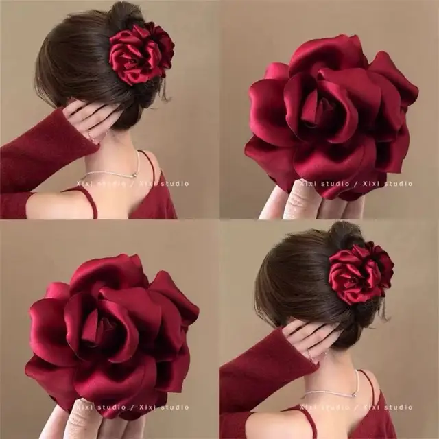 French Luxury Red Rose Shark Clip 3D Flower Hair Claw with Anti-Slip Design Hair Claw for Thick/Thin Hair 1