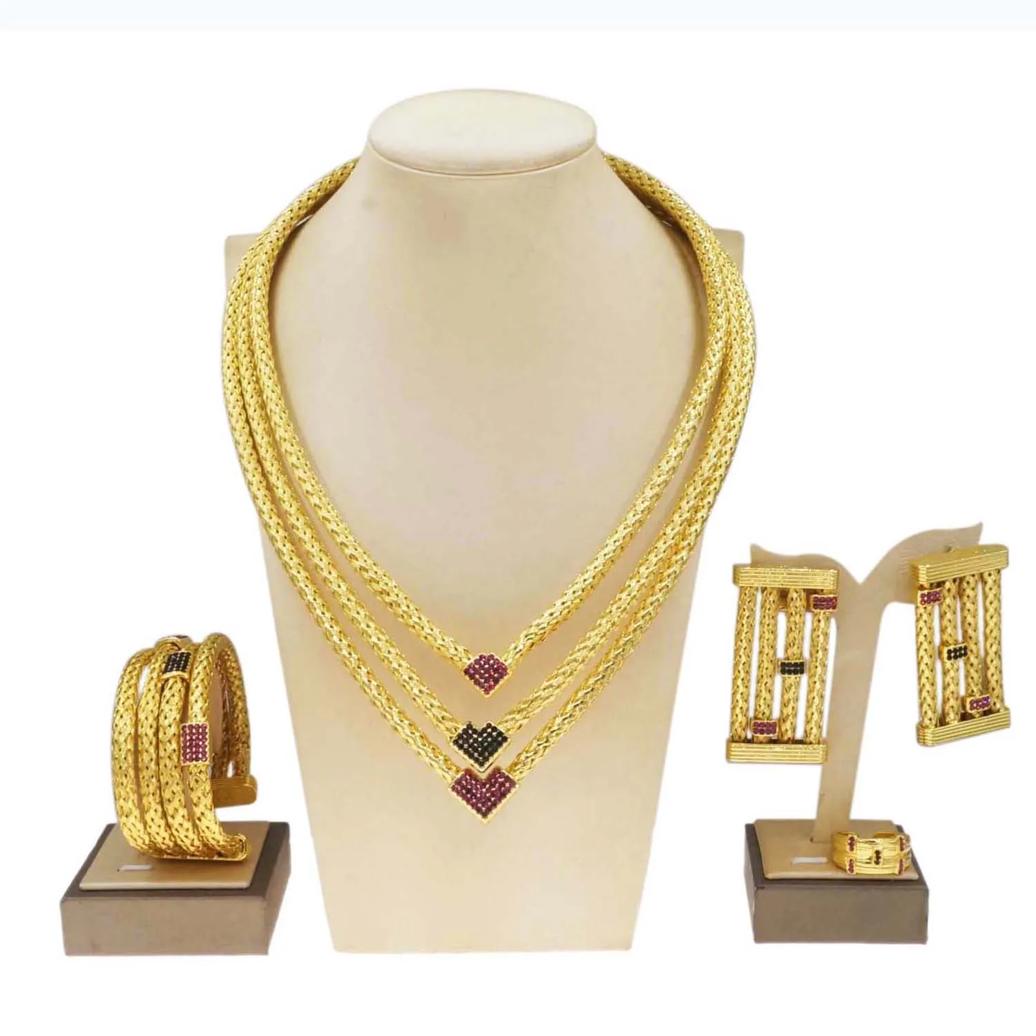 Gold Plating Jewelry 24k Original Women's Luxury Colorful Gold Plated Necklace Square Earrings Bracelet Luxury Wedding Bijoux - 4