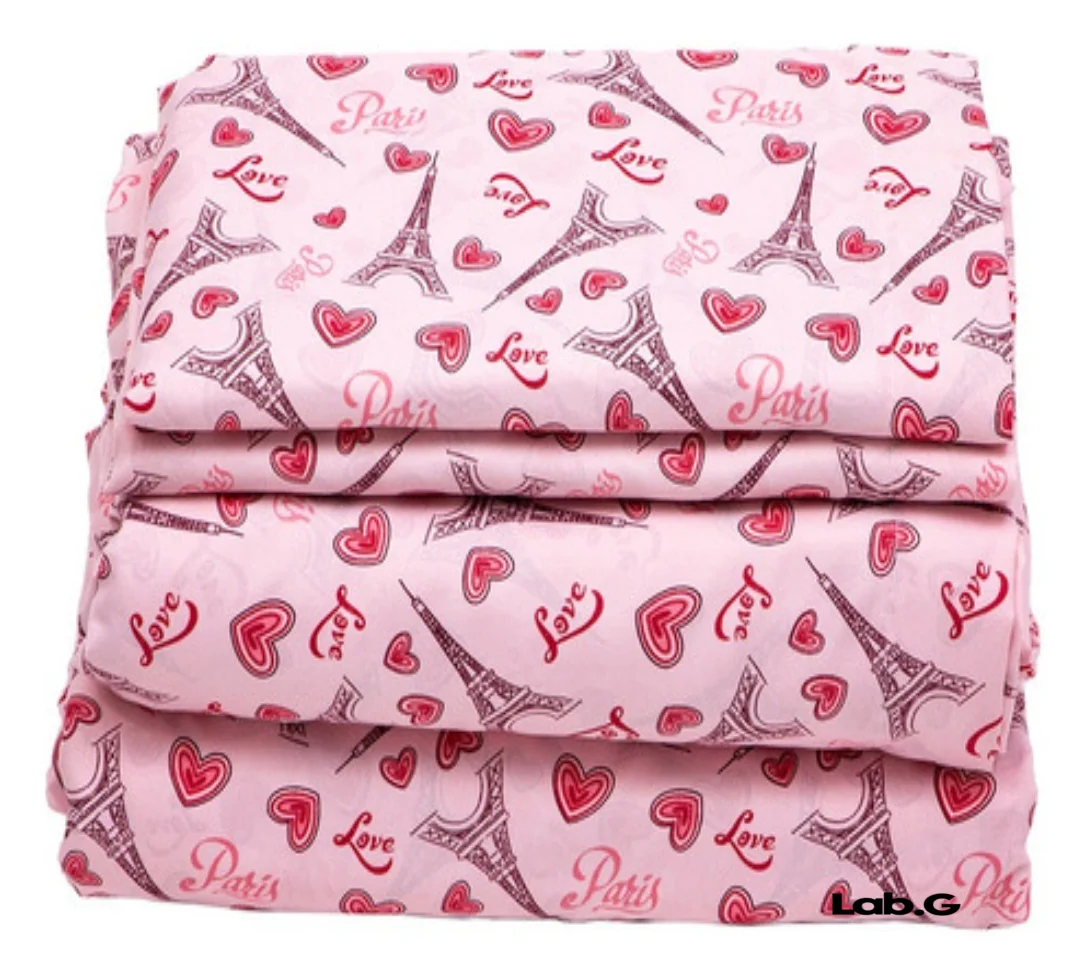 Juego De Sábanas Individual Microfibra Tacto Algodón Rosa Corazones Lab.G