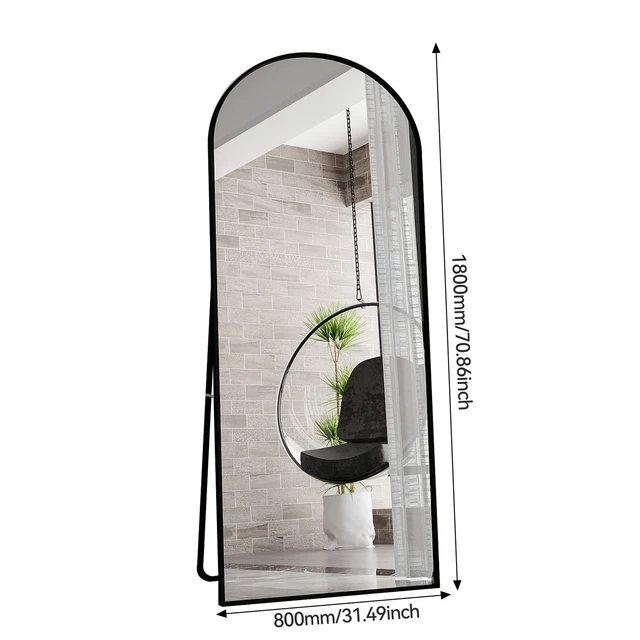 Specchio a tutta massa 180x80cm, specchio curvo con telaio in lega di alluminio nero e vetro rinforzato, con ganci, specchio da pavimento grande HD 5