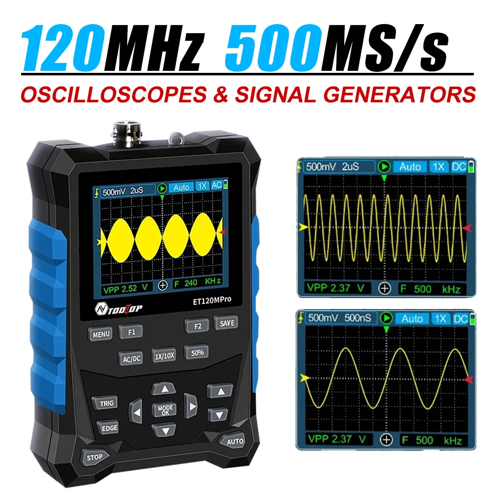 Tooltop Et120Mpro Oscilloscopio Digitale Portatile 120Mhz 500 Ms/S Frequenza Di Campionamento 3Mhz Fonti Di Segnale 2 In 1 Oscilloscopio Strumenti Fai
