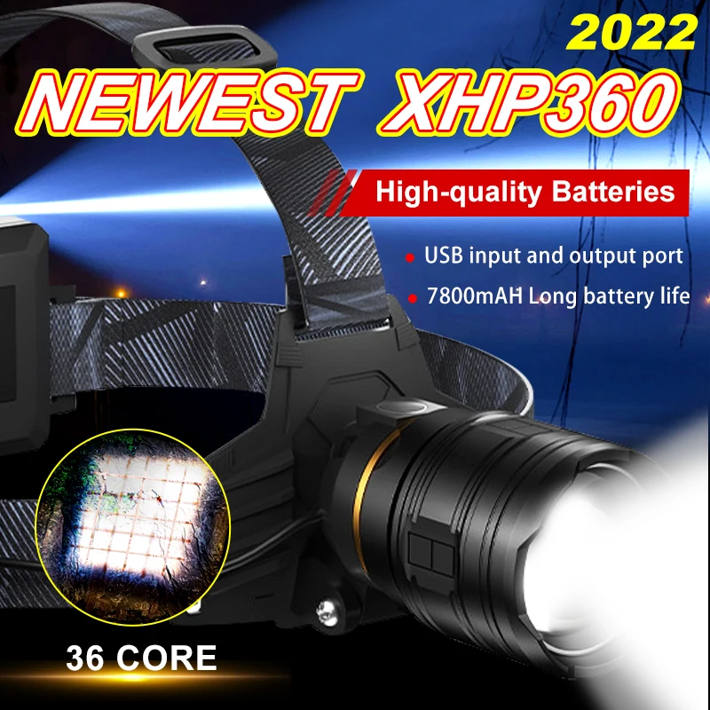 XHP360 36-Core Head Flashlight XHP220 LED USB 7800mAH Rechargeable Zoom Torch 8000000LM