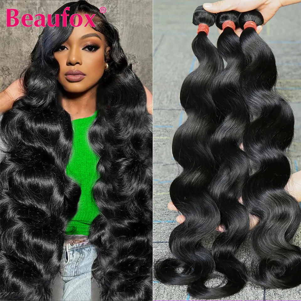 Beaufox Body Wave Bundles Human Hair Brazilian Unprocessed Hair Bundles Human Weave Natural Black 1/3/4 Deal