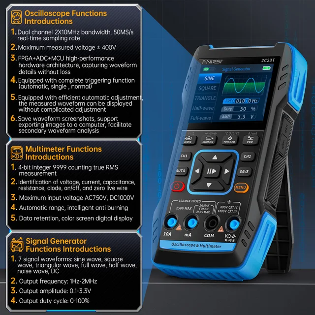FNIRSI 2C23T Digital Oscilloscope Multimeter DDS Function Signal Generator 3 in 1 Analog Bandwidth 10MHz 2