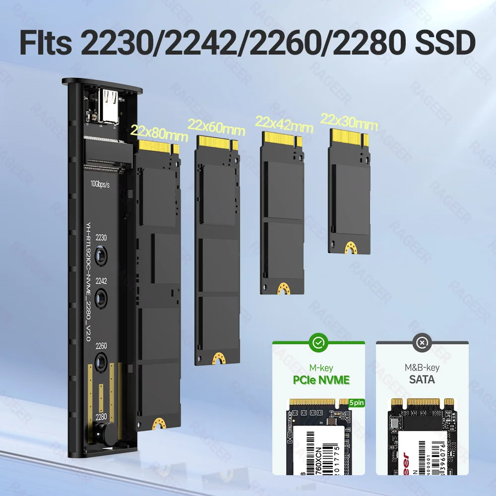 RAGEER Aluminum M.2 NVME SSD Enclosure Adapter, USB 3.2 Gen 2 (10 Gbps) to NVME M-Key/(B+M) Key SSD External Case With Trim UASP