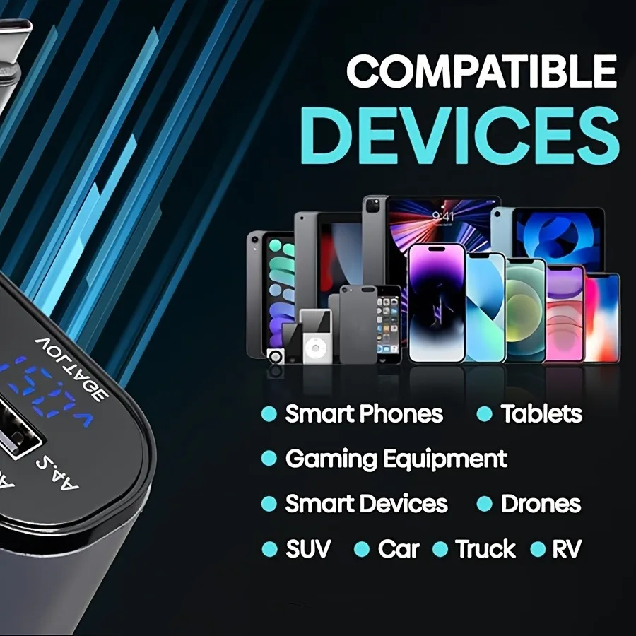 120 واط شاحن سيارة 4 في 1 قابل للسحب شحن سريع شاحن هاتف السيارة ولاعة السجائر محول USB C كابل آيفون Xiaomi Poco