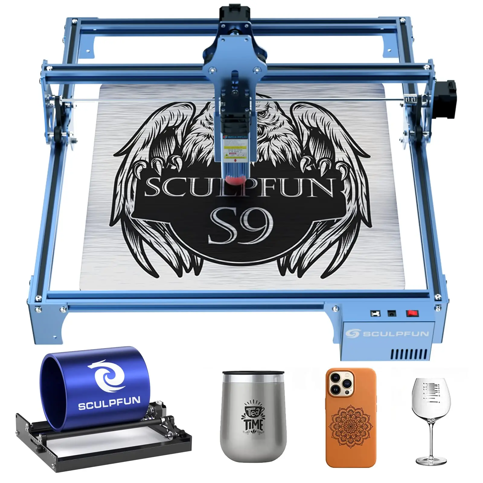 Gravador a Laser SCULPFUN S9 Ultra-fino 5W Máquina de Corte e Gravação para Madeira + Conjunto de Rolos Rotativos Tamanho de Gravação DIY 410*420mm BR