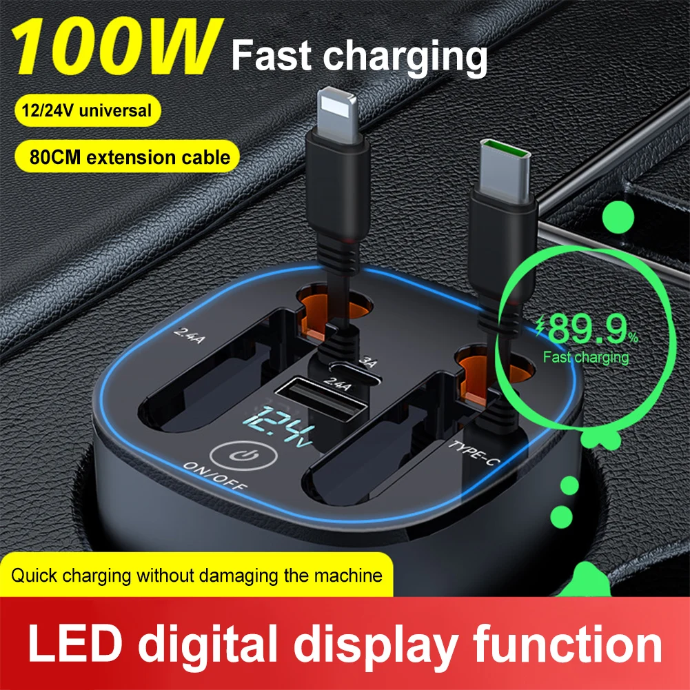 Caricabatteria Da Auto Da 100W Adattatore Per Caricabatterie Rapido Usb Per Accendisigari Con Voltmetro Cavi Telescopici Led Per Iphone 15 Samsung Hua