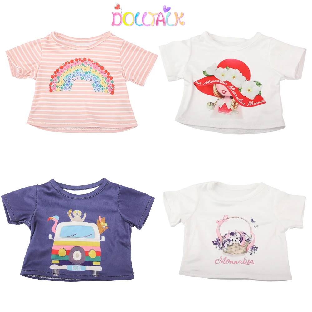 Cotton Short -sleeved T-shirt For American 18 inch Girl Doll Rainbow, Car, Cat, Little Girl Shirt For 43cm New Born&OG Doll Toy