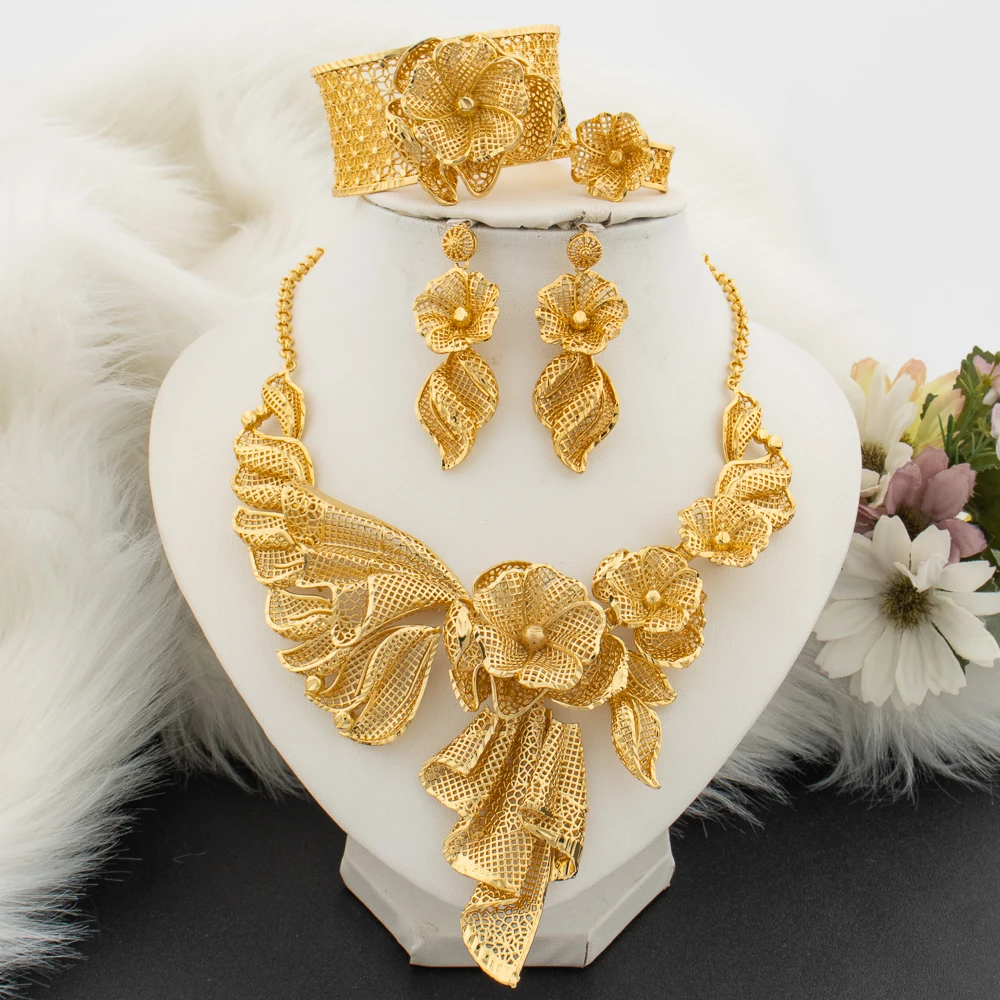 

African Jewelry Set for Women Weddings Bridal Design Necklace and Dangle Earrings with Bangle Ring Set for Engagement Jewelry