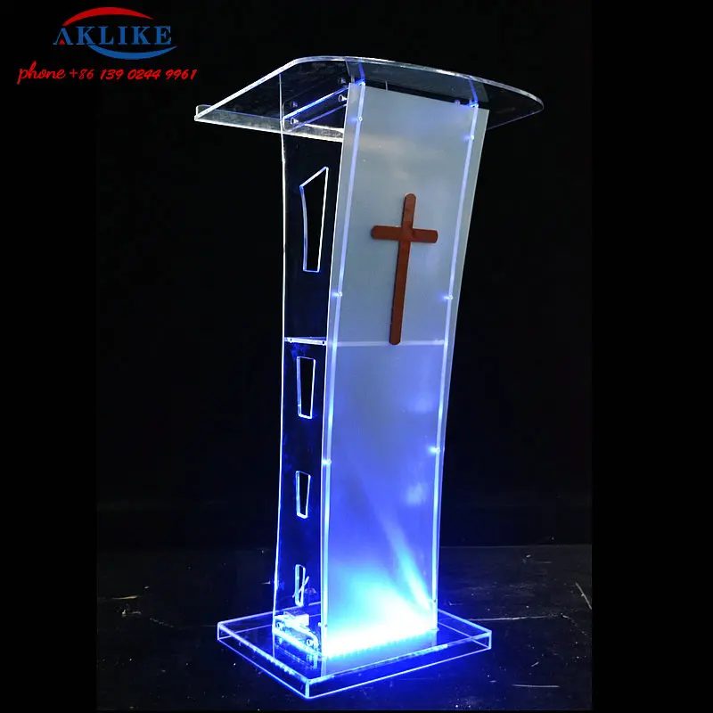 Church Pulpit Led Lights Commercial Furniture Podium With Built-in Shelf Clear Stand Lectern Glass Rostrum