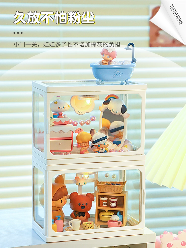Glass Dustproof Storage Box for Anime Q Version Figure Model Toy Doll Collectible Clear Display Organizer Display Case for Dimoo 2