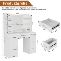 Anajqaqia 110x40x140 см Туалетный столик со светодиодным зеркалом и розетками, 7 ящиками, 7 открытых полок, подставка для фена, косметический столик, белый — изображение 2