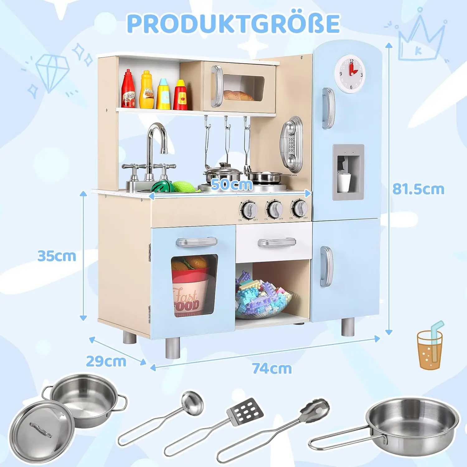 Kids Wooden Pretend Cooking Kitchen Playset with Cabinets for Toddler 5
