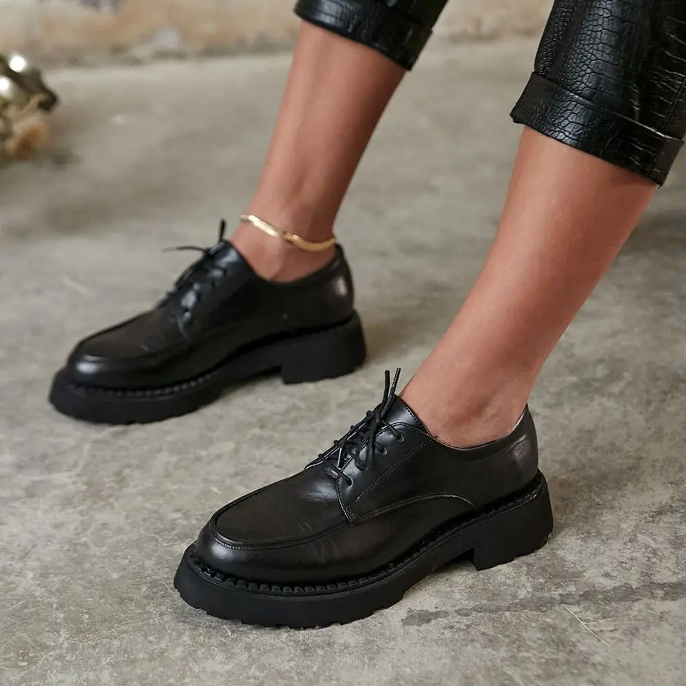 

Toffu Inner Outer Genuine Leather Lace-Up Thick Sole Black Women's Casual Shoes Poshnmore Oxford Loafers Masculen Shoes