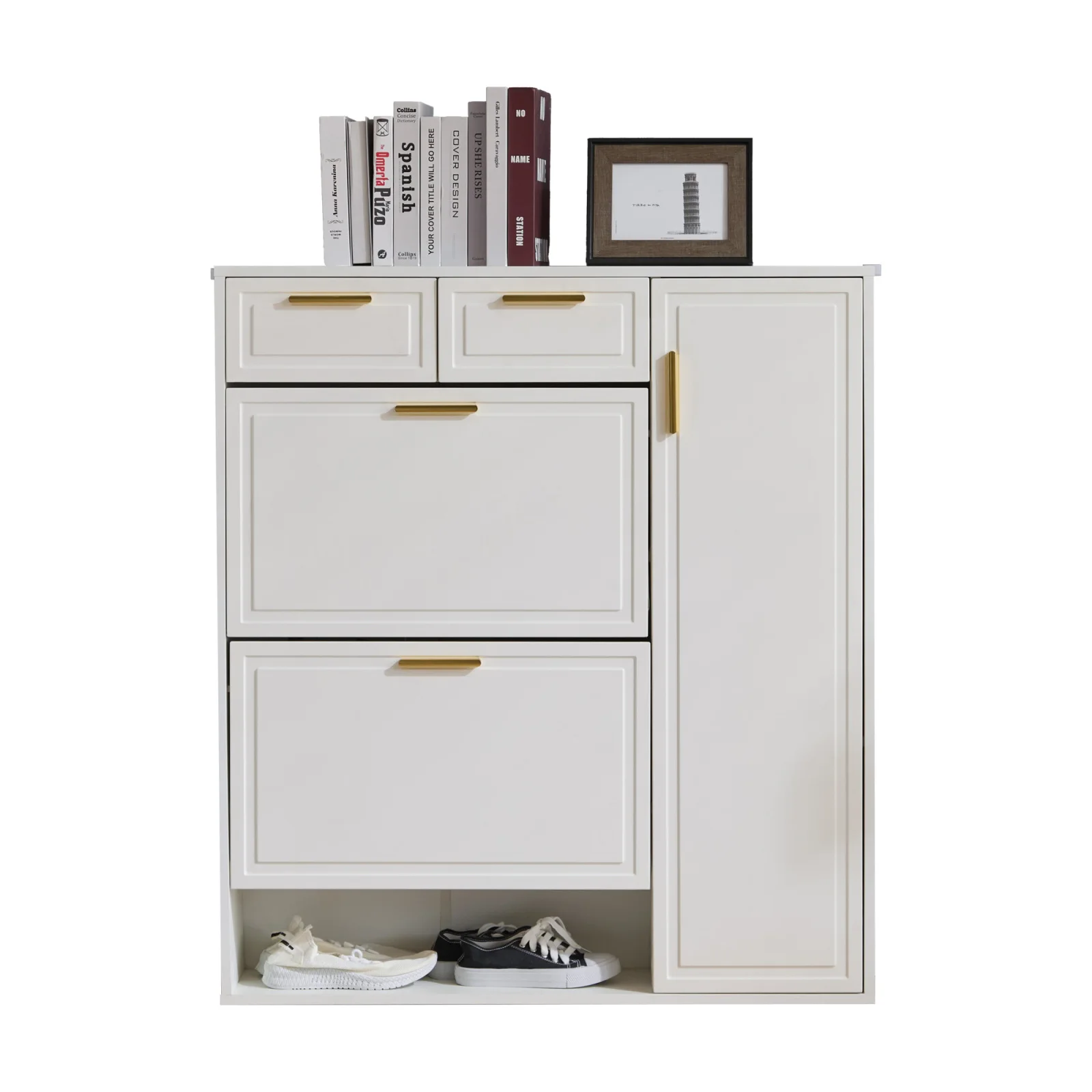 Rosahqnda Moderner Schuhschrank mit Regalen, goldenen Griffen, Schubladen, mit Anti-Kipp-Geräteschrank, klappbarer Schuhschrank und Türen – Detail 7