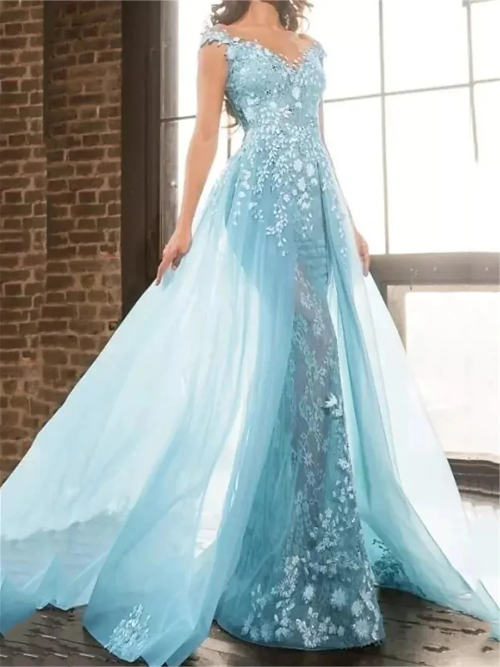 

Mermaid luxury Floral Engagement Formal Evening Dress V-neck Half Sleeve Long Tulle With Decal 2023 New Elegant Formal Occasion