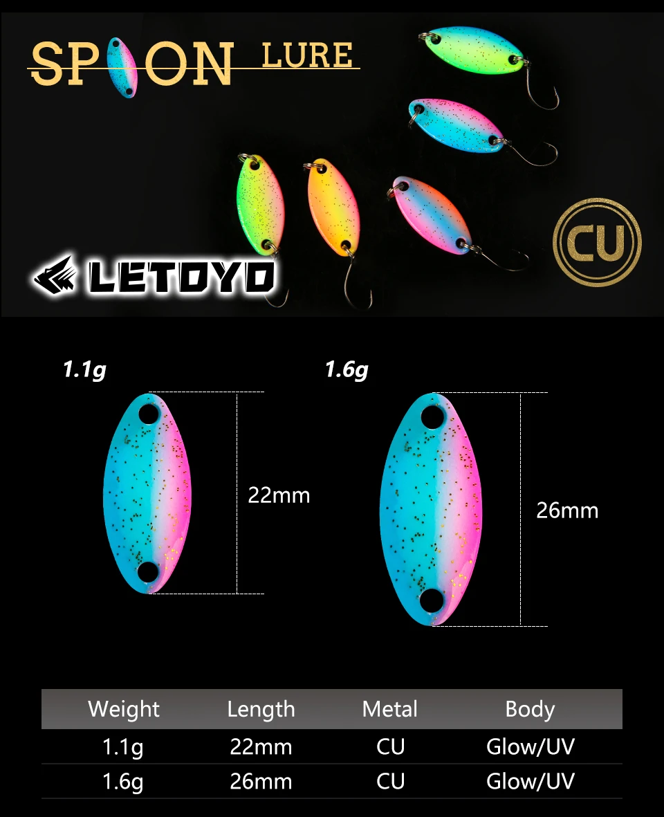 LETOYO 1,1/1,6/2,5g Mini Löffel Köder Glow UV Köder Künstliche Köder Harter Köder Barsch köder Löffel Angeln Köder Bereich Forelle Schwanz spinner – Detail 6