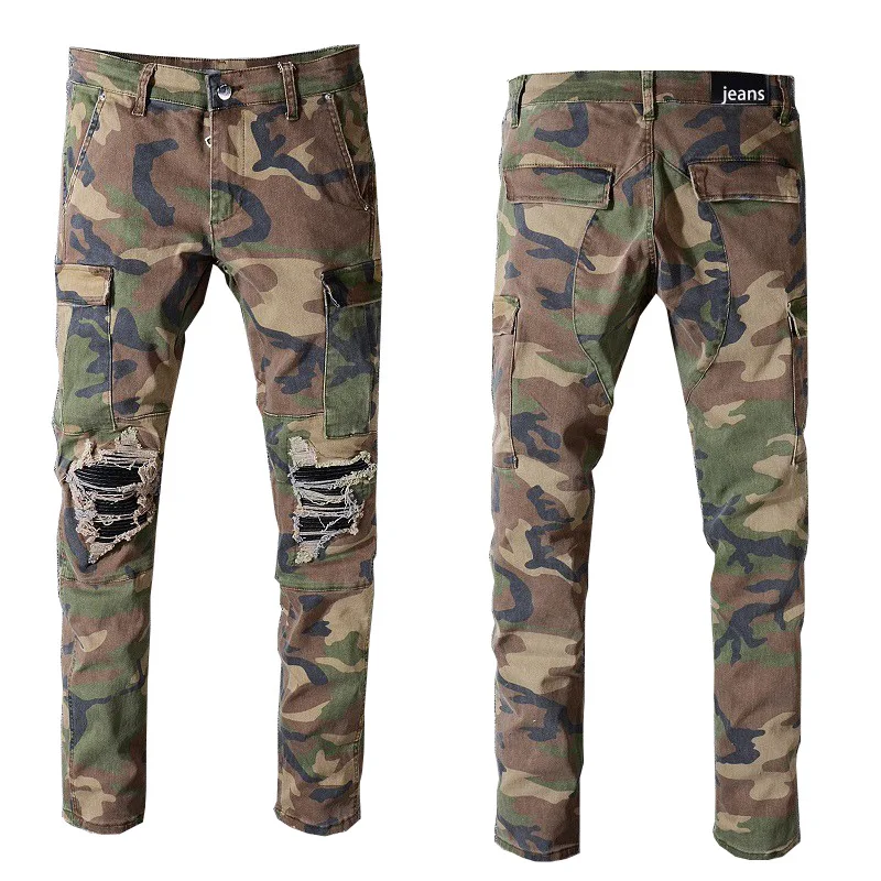 

Fashion Camouflage Army Green Slim Jeans For Men Hip Hop Patch Hole Denim Pencil Pants 536